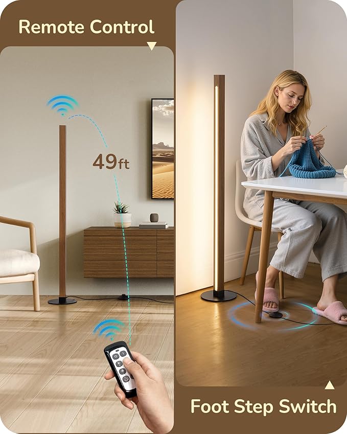 EDISHINE Wood Floor Lamp, Upgraded Dual-Sided Lighting, Minimalist Floor Lamps for Living Room, Corner Floor Lamp with Remote/Foot Control, 7CCT & Dimmable Corner Lamp for Bedroom, Office, Walnut Wood