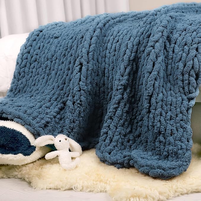 Carriediosa Chunky Knit Throw Blanket 50" X 60", 100% Hand Made Large Chenille Loop Yarn Soft Fluffy Throws for Couch Sofa Bed, Big Crochet Cozy Heavy Thick Cable Woven Blankets, Lyons Blue