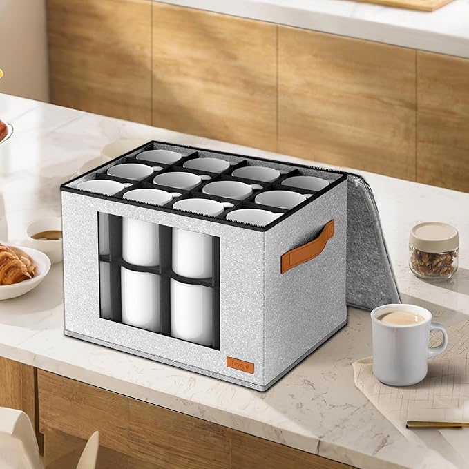 2-Layer Coffee Mug Storage Box with Dividers, Cup Storage Organizer with Zipper Lid and Handles, Stackable China Storage Containers Service for 24 Mugs, Cups and Glasses, Light Grey