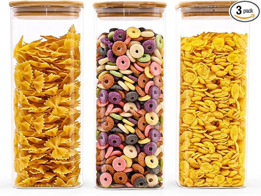 Glass Food Storage Jars Square 61oz, 3 Pack Glass Jars With Bamboo Lids, Kitchen Storage Containers For Spice, Candy, Cookie, Storage For Pantry Organizers