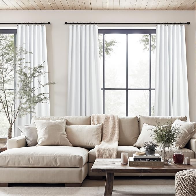 Elegant 100% Blackout White Curtains 144 Inch Long Extra Wide Large 12ft Length Lightweight Linen Textured Thermal Insulating Curtains & Drapes for Living Room Bedroom Window Patio Door Sliding Glass