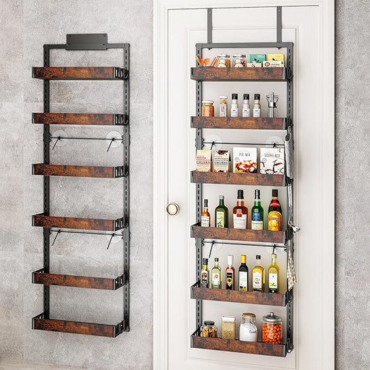 bukfen Over the Door Pantry Organizer, 6-Tier Adjustable Wooden Basket Kitchen Pantry Door Organization and Storage, Heavy-Duty Metal Hanging Kitchen Spice Rack,D6.3 x W17.71 x H50.60 inch,1 Pack