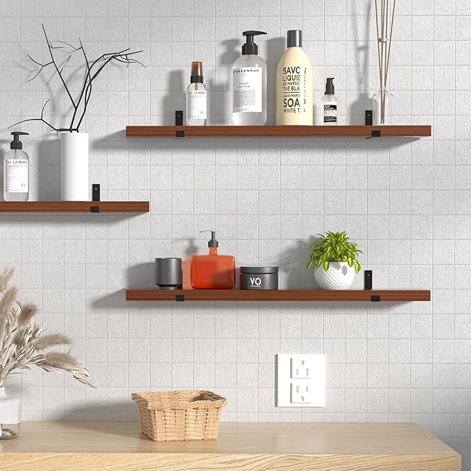 CONSDAN Floating Shelves for Wall Mounted Book Shelf Hanging Shelves Floating Bookshelf for Bedroom, Bathroom, Living Room, Kitchen USA Grown Solid Hardwood, Dark Maple 16x7.5x1.5 in (Set of 3)