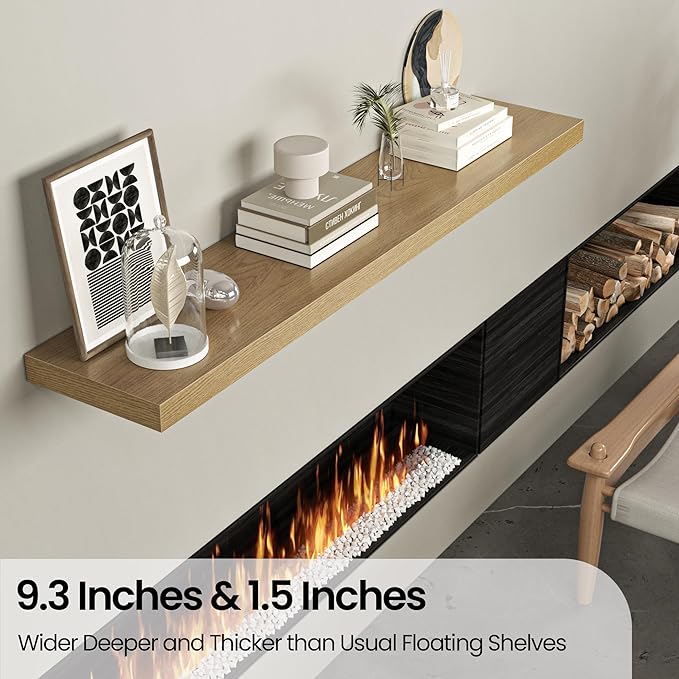 Floating Shelves for Wall, 48" W x 9.3" D x 1.5" H, Wooden Wall Mounted Display Shelves with Invisible Brackets for Living Room, Bedroom, Bathroom, Kitchen Decor and Storage, Set of 1, Oak