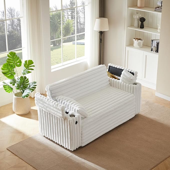 57-Inch Velvet Full Size Sleeper Sofa Couch with Pullout Bed,Convertible Pull Out with Golden Decorative Strip and Adjustable Backrest for Small Spaces,Apartment, Guest Room, RV (1109White)