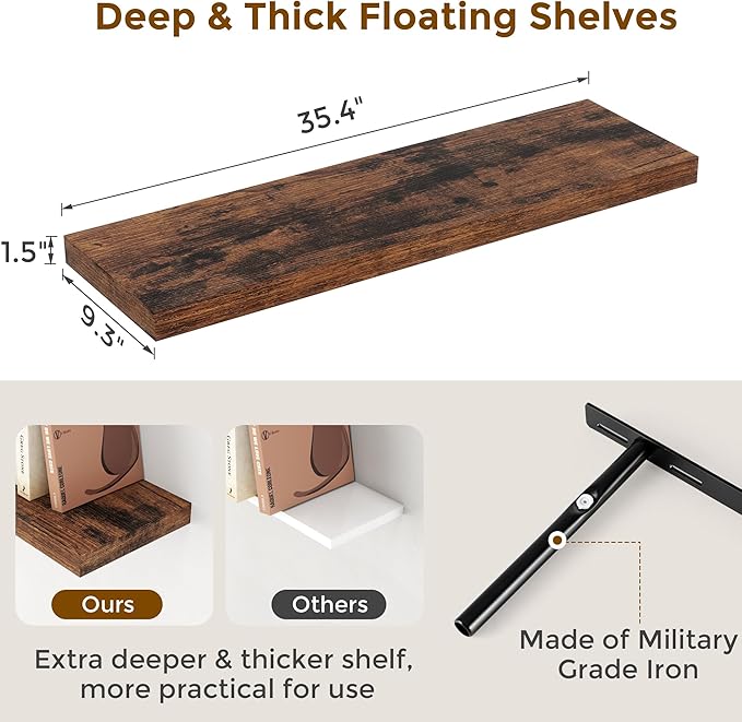 Fun Memories Rustic Wood Floating Shelves for Wall, 36 x 9 Wall Shelves Set of 2, Deep Floating Shelf for Kitchen, Living Room Storage & Display, Deep Wooden Bookshelf, Rustic Brown Color
