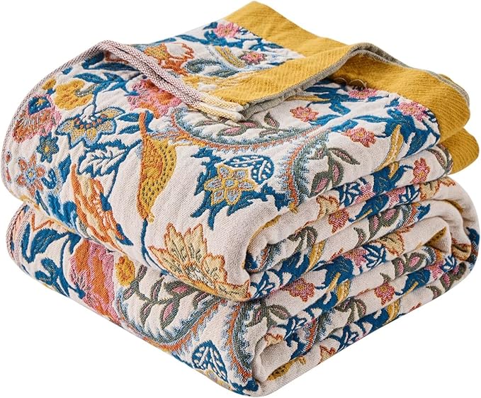 Fall Boho Throw Blanket for Bed, Muslin Reversible Blanket Washable Breathable,100% Cotton Lightweight 4-Layer King Size Throw Blanket for Bed,90"x98"