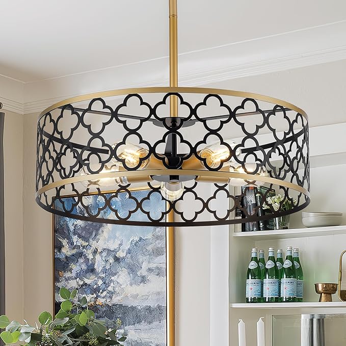 5-Light Drum Chandeliers for Dining Room,19.7" Rustic Farmhouse Dining Room Light Fixture, Black&Gold Metal Hanging Pendant Light for Living Room Bedroom Kitchen Entryway Foyer