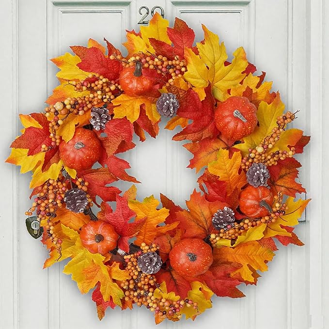 DiliComing Fall Wreath Front Door Wreath - 20 inch Fall Wreaths for Front Door, Autumn Wreaths with Pumpkin Maple Leavses for Indoor Outdoor Outside, Home Decor for Thanksgiving Harvest