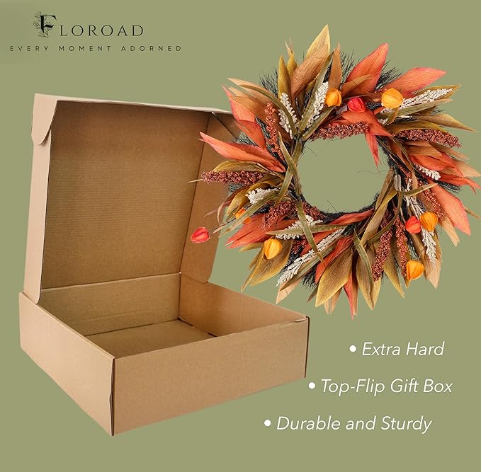 Fall Corn Husk & Berry Door Wreath for Front Door 24 Inch, Festive & Rustic Farmhouse Autumn Harvest Wreath, Fall Decor for Home Door Wall Porch Window, Orange/Yellow/Brown