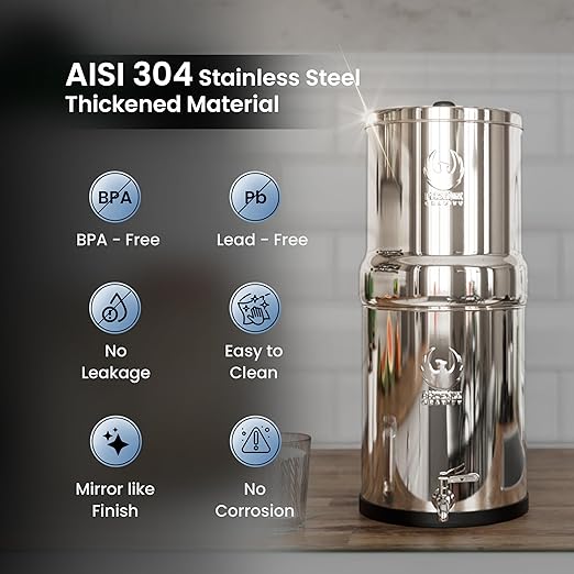 Gravity Water Filter System – 1.5 Gallons NSF Certified AISI 304 Stainless Steel Premium Countertop Water Filtration System with 2 Smart Black Carbon Filters & Stainless Steel Spigot