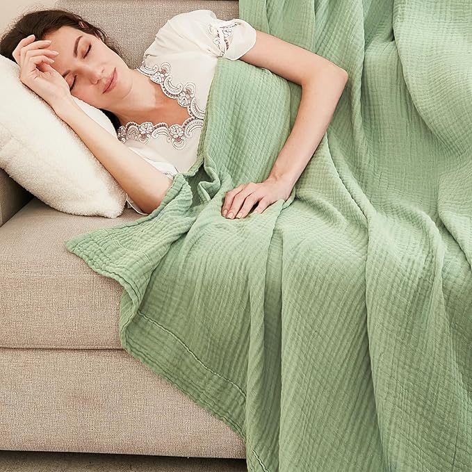 EMME Cotton Blanket Queen Size for Bed Soft Large Muslin Bed Blankets 90"x90" Lightweight Breathable Blanket Bedspread All Season Gauze, Sage Green