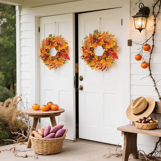 Fall Wreath for Front Door,24" Autumn Front Door Wreath Fall Decorations with Pumpkins Hydrangea Maple Leaves for Porch Window Farmhouse Halloween Thanksgiving Harvest Festival Home Decor