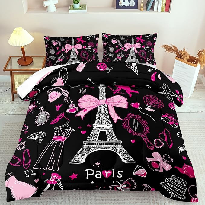 Eiffel Tower Comforter Set Full Size,Eiffel Tower Bedding Set for Girls, Pink and Black Paris Themed Comforter Bedroom Decor,Paris Quilt French Style Romantic Bedding