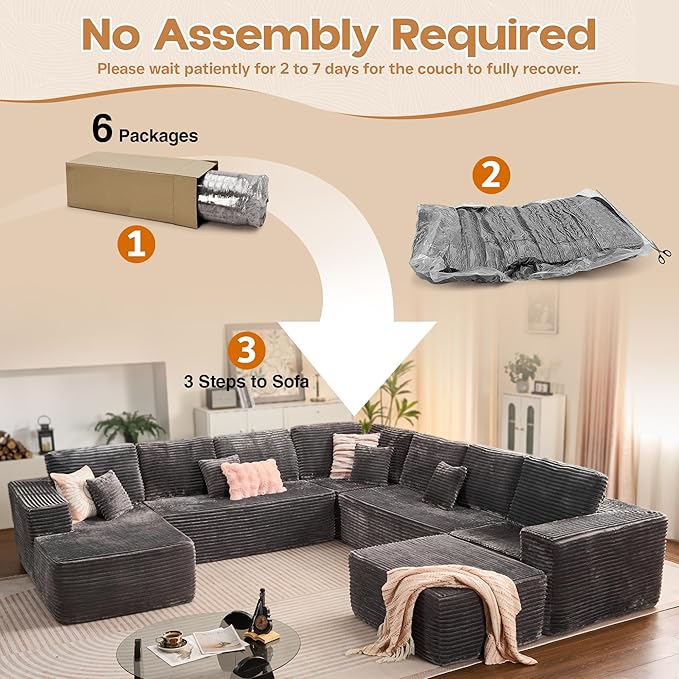 Cloud Sectional Couches for Living Room,G Shaped Modular Sofas No Assembly,135x133 Inches Plush Corduroy Oversized Floor Couch Set with Deep Seat Chaise,Grey
