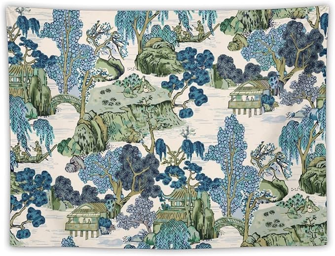 Chinoiserie Tapestry,Asian Watercolor Abstract Art Tapestry,Asian Japanese Wall Tapestry, Nature Landscape Tapestries for Bedroom Living Room Decor 60"x50"