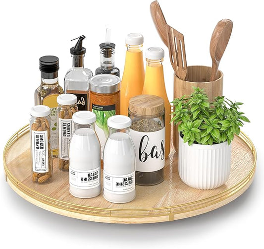 18 Inch Rustic Lazy Susan Turntable – Solid Oak & Iron Wood Rotating Tray for Dining Table, Kitchen Counter, Coffee Table – Farmhouse Style Large Wooden Lazy Susan Organizer for Home Décor