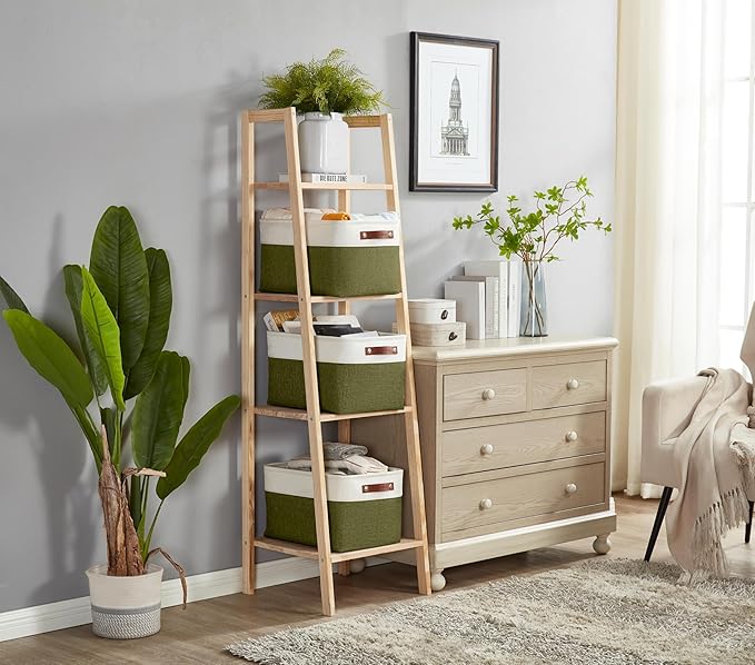 DECOMOMO Storage Bins Fabric Storage Baskets for Shelves, Linen Closet Organization Toys Nursery (Olive Green and White, Large - 3 Pack)