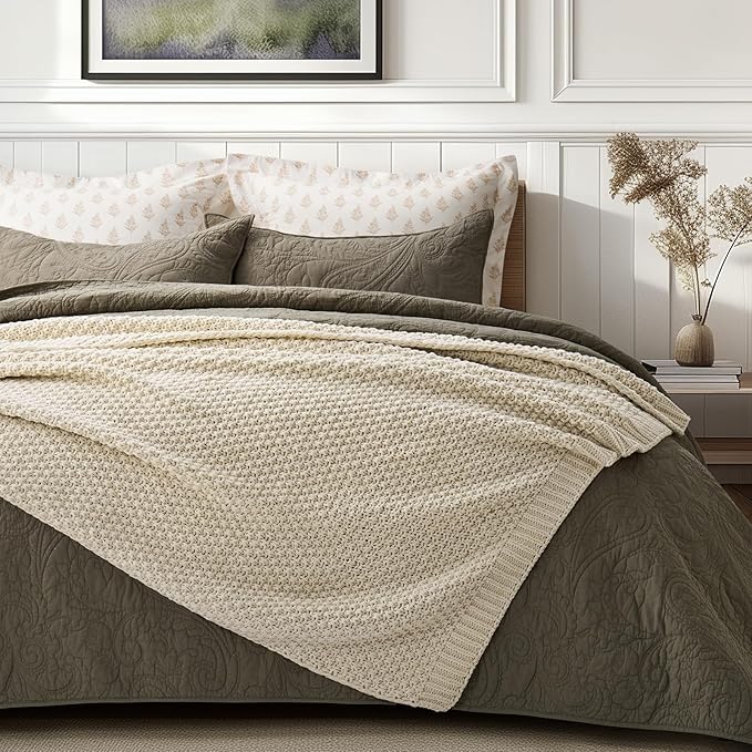 Chunky Chenille Knit Throw Blanket for Couch, Soft Luxurious Moss Stitch Blankets for Bed, Cozy Decorative Farmhouse Knitted Throws for Sofa, Beige, 60" x 80"