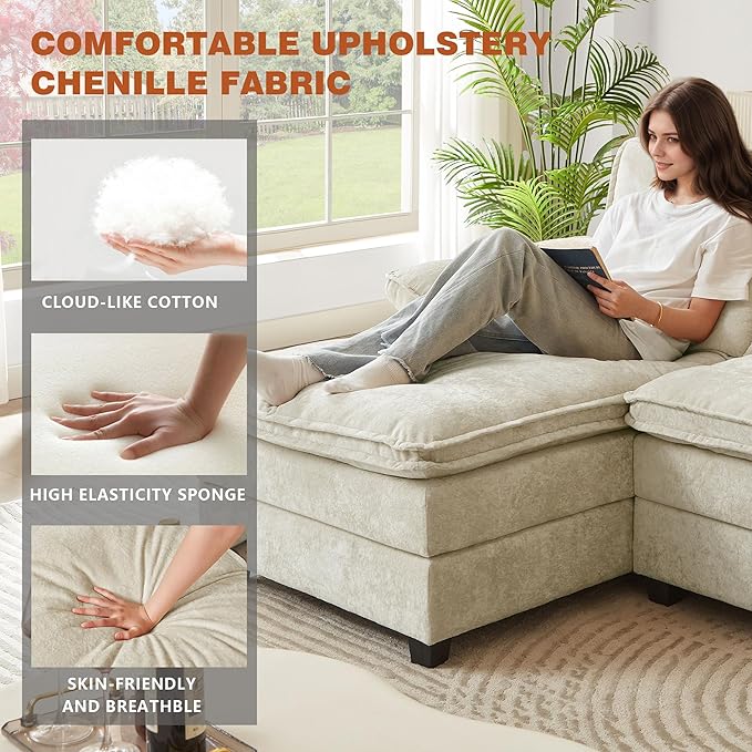 113" Oversized Cloud Couch, U Shape Sectional 4 Seat Sofa with Double Chaises, 2 Layer Cusions, Deep Seat Comfy Sofa, Upholstery Chenille Fabric for Living Room, Beige