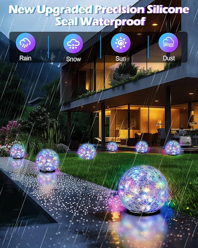 Garden Solar Ball Lights Outdoor Waterproof, 30 LED Cracked Glass Globe Solar Power Ground Lights for Path Yard Patio Lawn, Christmas Decoration Landscape Colorful (2 Pack 3.9'')