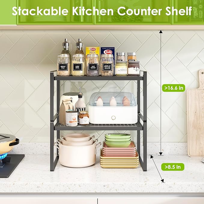 2 Pack Kitchen Countertop Organizer, Stackable Cabinet Shelf Organizer, 2 Tier Adjustable Kitchen Counter Shelves Riser For Pantry Cupboard Bathroom Organization And Storage, Desk Shelf,Spice Rack