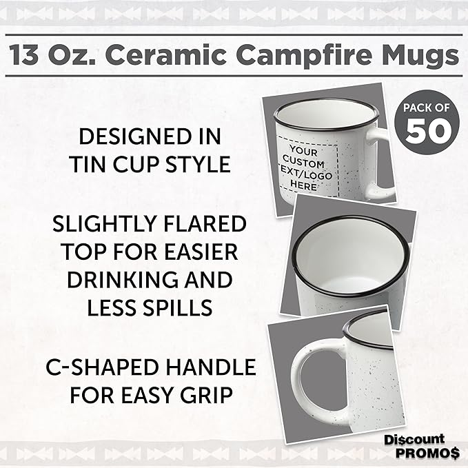 DISCOUNT PROMOS Custom Ceramic Campfire Coffee Mugs 13 oz. Set of 50, Personalized Bulk Pack - Perfect for Tea, Espresso, Cappuccino, Hot Cocoa - White