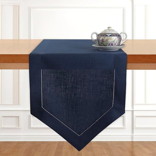 D'Moksha Homes Navy Blue Linen Table Runner 120 Inches Long - 100% Pure Linen Diamond Table Runner 14 x 120 Inch for Dining, Fall and Halloween - Machine Washable