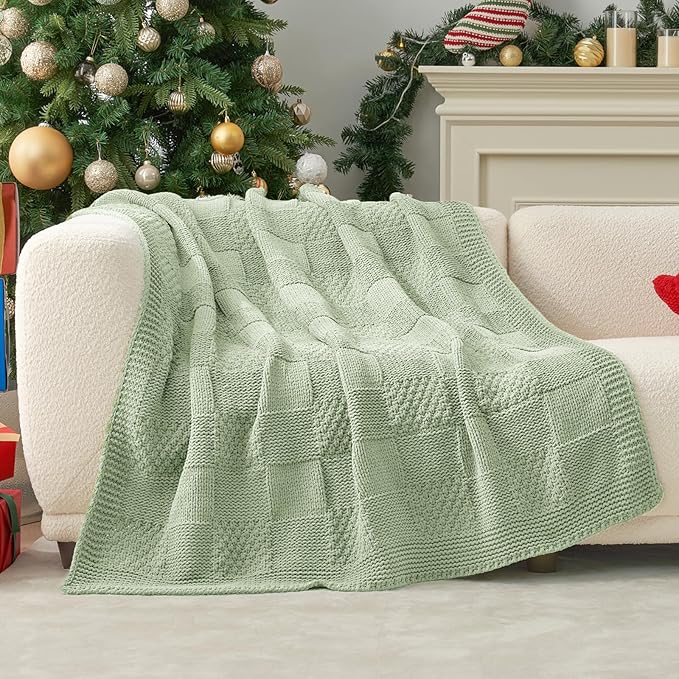 Amélie Home Chenille Knit Throw Blanket for Couch, Checkered Texture Decorative Soft Blanket for Sofa, Bed & Living Room, 50"x60", Sage Green