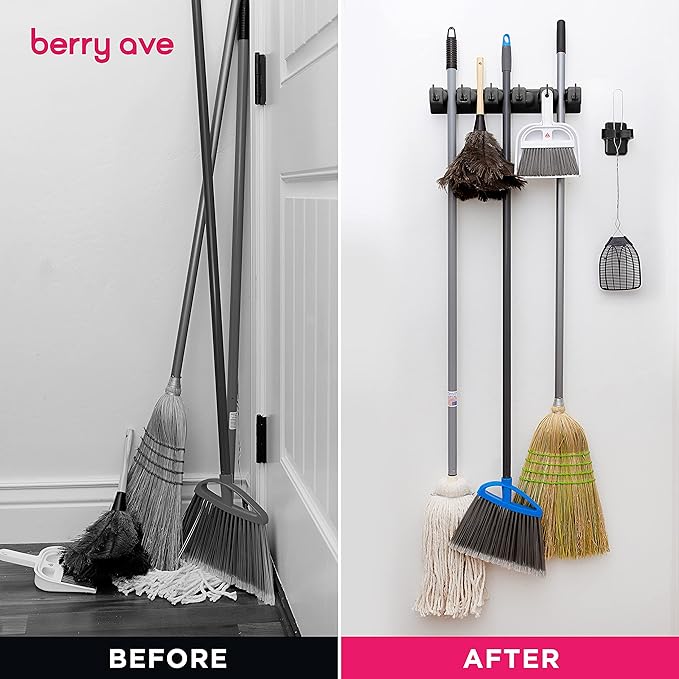 Combo 5 Slot Broom Holder w/ 1 Self Adhesive Mop Gripper No-Drilling, Wall Mount Tool Organizers For Kitchen, Garage, Laundry Room- Anti-Slip Hanger For Brooms, Mops, Rakes, Dustpans (Black / Black)