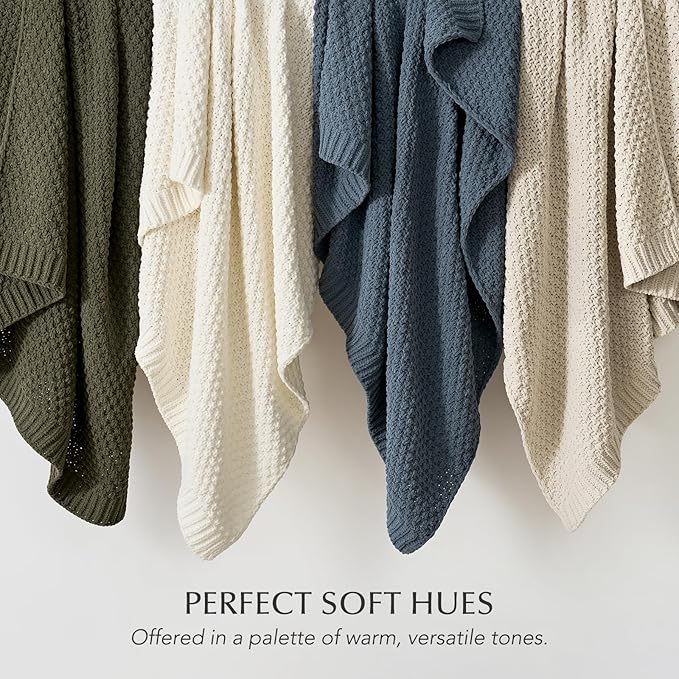 Chunky Chenille Knit Throw Blanket for Couch, Soft Luxurious Moss Stitch Blankets for Bed, Cozy Decorative Farmhouse Knitted Throws for Sofa, Ivory White, 60" x 80"