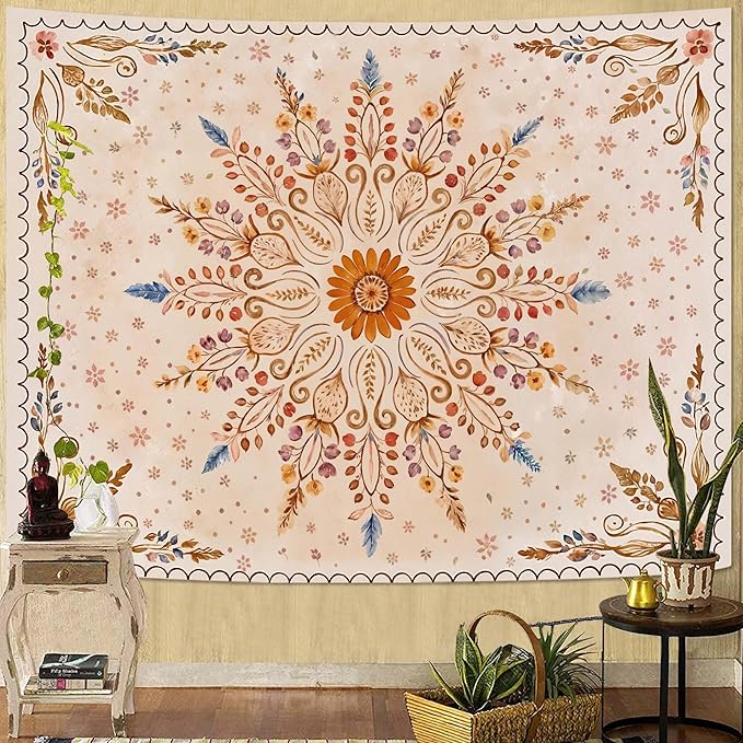 Fowocu Boho Floral Mandala Tapestry for Bedroom Aesthetic Watercolor Bohemian Flower Wall Tapestry Brown Beige Hippie Indian Tapestries Wall Hanging for Living Room Dorm Decor 60 x 44 Inch