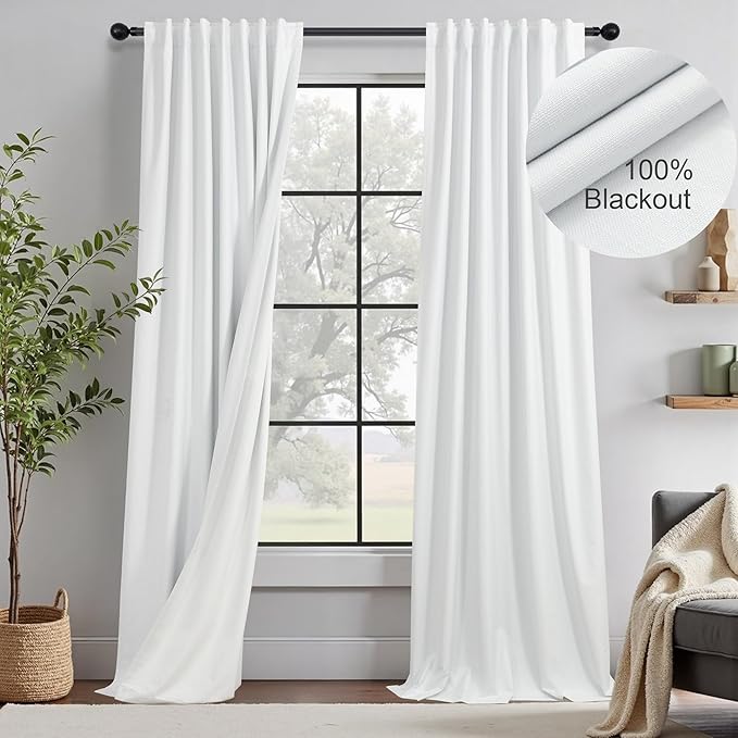 Extra Long Blackout White Curtains for 10 Foot High Living Room Darkening Large Window Pocket Back Tab Linen Drapes 120 Inches Long 2 Panels Set Noise Cancelling Thermal Light Blocking Luxury Stunning