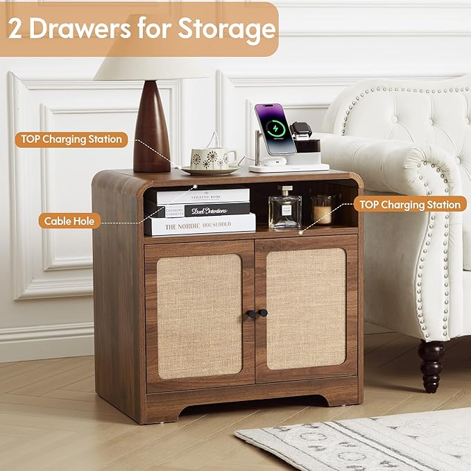 24" Large Side Table with Charging Station, Mid Century Modern End Table with USB/Type-C Ports, Curved Wood Nightstand with Storage & Natural Linen, Couch Side Table for Living Room Bedroom, Walnut