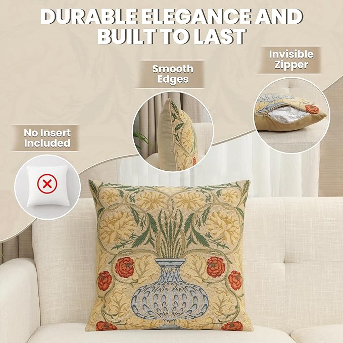 Charlotte Home Furnishings Throw Pillow Covers, Decorative Boho Pillow Covers for Couch, Living Room, Yellow Rose Square Cushion Cases 18x18 in, European Cotton Jacquard Woven for Cozy Bedroom Decor