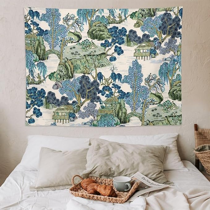 Chinoiserie Tapestry,Asian Watercolor Abstract Art Tapestry,Asian Japanese Wall Tapestry, Nature Landscape Tapestries for Bedroom Living Room Decor 80"x60"