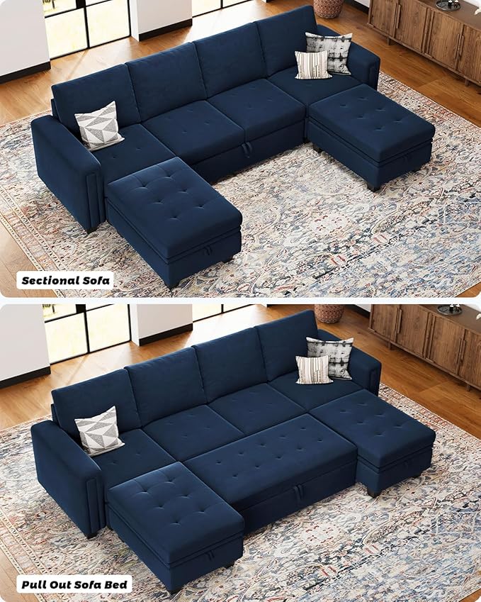 Belffin Modular Sectional Sleeper Sofa with Pull Out Bed Convertible U Shaped Sectional Sofa Couch with Storage Chaises for Living Room Blue