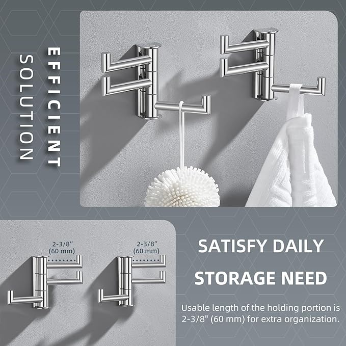 Angle Simple Swivel Towel Hooks for Bathroom, SUS 304 Stainless Steel Foldable 3 Arms Hand Towel Holder, Coat Wall Hooks, Polished Chrome, 2 Pack