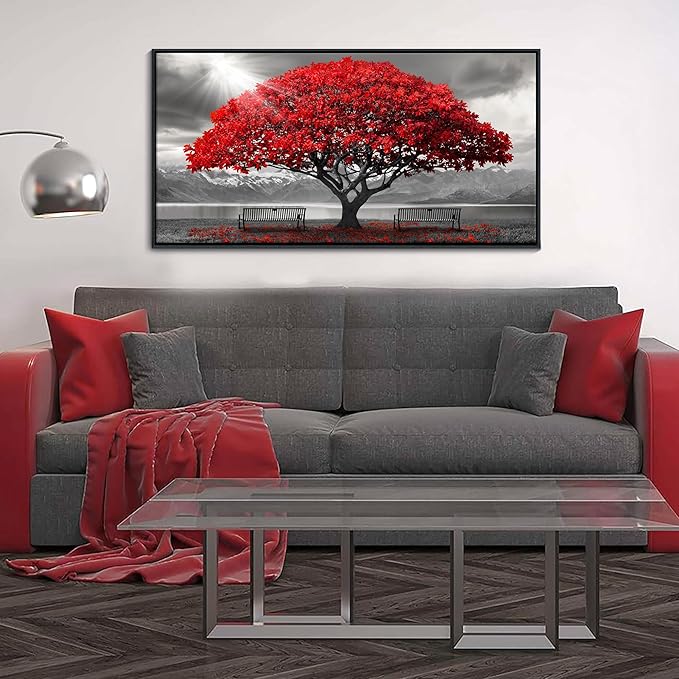 AJAZIKO Red Wall Art - Modern Framed Wall Art for Living Room - Red Tree Black and White Landscape Canvas Prints Posters & Prints for Home Office Bedroom Decorations - Large Wall Pictures 20×40IN