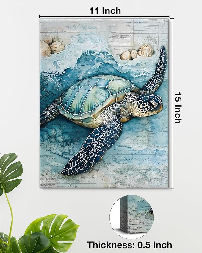 Coastal Sea Turtle Canvas Wall Art Turtle Nautical Ocean Theme Print Poster Framed Picture Painting for Home Beach House Bedroom Wall Decor 11x15 Inch