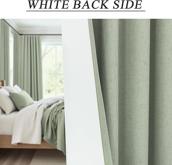 Dark Academia Decor Sage Green Linen Textured Blackout Curtains Panels 90 Inch Length Luxury Curtains for Living Room Pretty Heavy Thick Linen Black Out Thermal Long Drapes Back Tab Rod Pocket Pleated