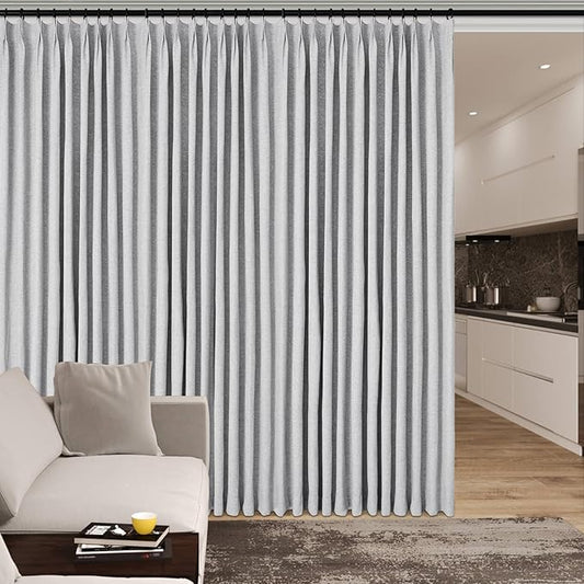 Extra Wide 100% Blackout Linen Textured Curtains - Room Dividers, W200 x L84 (1 Panel), Pinch Pleat Drapes for Living Room, Full Light Block Out Drapery for Sliding Door, Silver Grey
