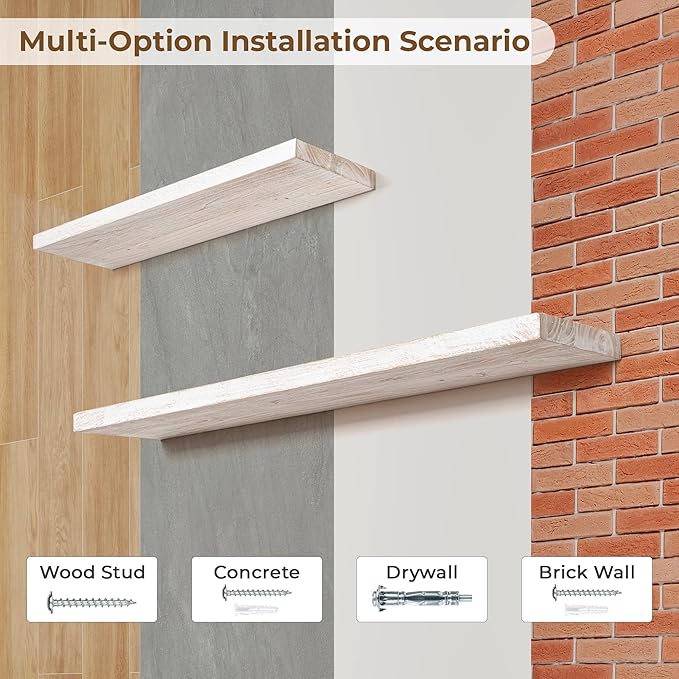 Axeman Floating Shelves for Wall - 40''W x 8'' D Rustic Solid Elm Wood Shelves for Storage, Wall Mounted Display Shelving with Invisible Heavy-Duty Metal Bracket (White Wash, 2PCs)