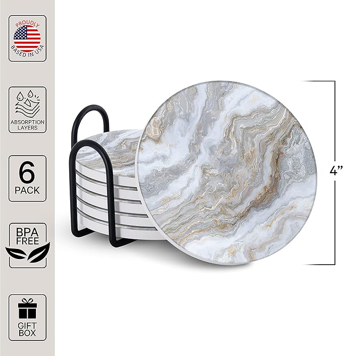 Emerson Coasters for Drinks Absorbent – Natural Stone Drink Coasters Set with Holder, Coasters for Coffee Table, Wooden Tabletop Protection Marble Style – 100% Heavy Duty Set of 6 (Sky)