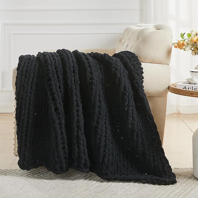Carriediosa Chunky Knit Throw Blanket 50" X 60", 100% Hand Made Large Chenille Loop Yarn Soft Fluffy Throws for Couch Sofa Bed, Big Crochet Cozy Heavy Thick Cable Woven Blankets, Black