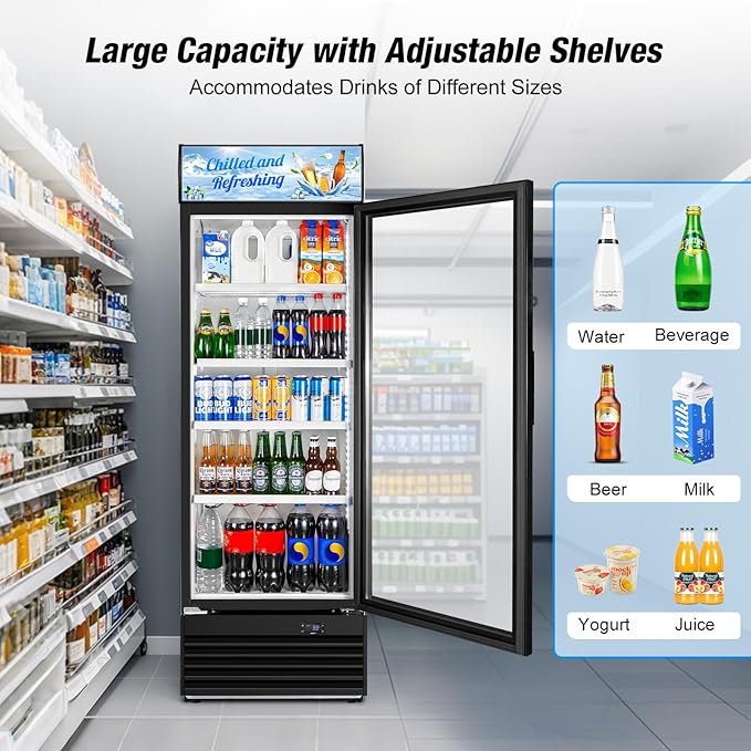 Commercial Beverage Refrigerator, 24 Inch Beverage Fridge, 15 Cu. Ft. Drink Fridge, Display Refrigerator Glass Door, Commercial Display Fridge with Customizable Light Box for Shops, Restaurants, Bars