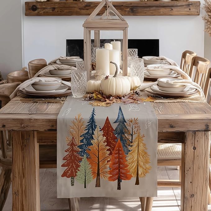 GEEORY Fall Watercolor Trees & Maple Leaves Table Runner 13x72 Inch, Rustic Farmhouse Autumn Thanksgiving Decor for Kitchen, Dining, Indoor/Outdoor Holiday Dinner Party Orange Grey GT159-72
