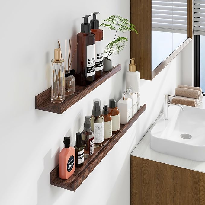 Floating Picture Ledge Shelves 36 Inch Solid Oak Wood Set of 2, Rustic Wall Storage Shelves with Lip, Kids Bookshelf, Photo & Picture Ledge Shelves for Bedroom, Living Room, Kitchen