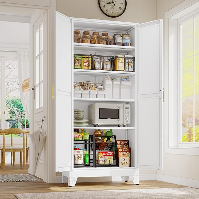 71" Tall Metal Storage Cabinet with 2 Doors and 4 Adjustable Shelves, Kitchen Pantry Cabinet White Freestanding Cupboard, 5 Tier Multifunctional Steel Storage for Office, Kitchen, Dining Room