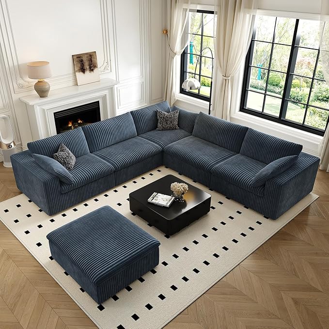 118" Cloud Couch Oversized Modular Sectional Sofa for Living Room,Modern Sofa with Deep Seat，6 Seater Boneless Couch,Comfy Upholstered Corduroy Couches for Apartment, Studio, Office,Bedroom，Blue